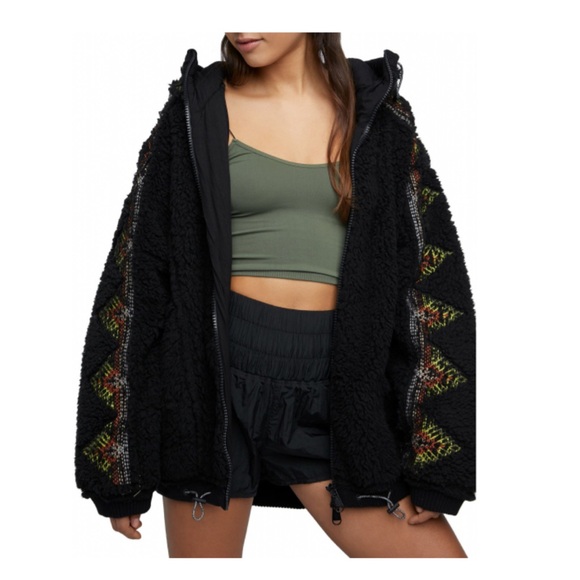free people movement Jackets & Blazers - FP Movement by Free People Black Teddy Jacket with Patterned Sleeves